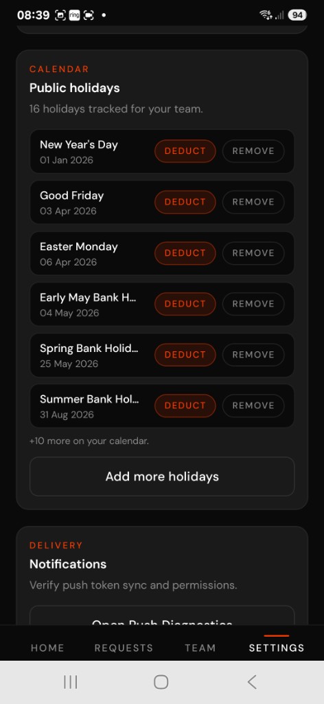 LeaveTrac public holidays screen with options to deduct bank holidays for the team
