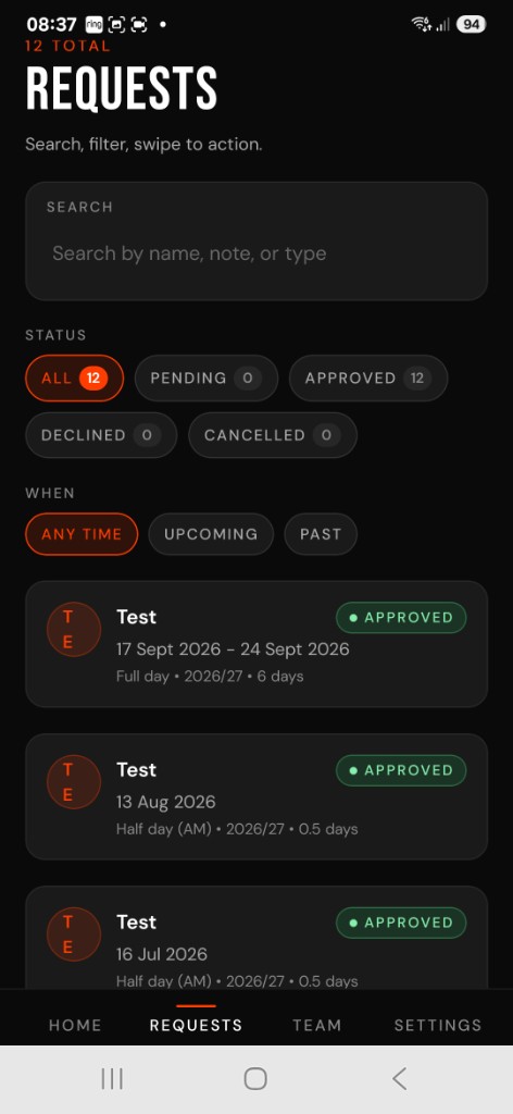 LeaveTrac requests screen listing approved leave with status badges